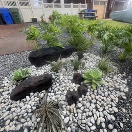 Rock garden with landscaping rocks, river rocks, gravel, agave, aloe and philodendrons and fox tails in the back. Rock garden with landscaping rocks, river rocks, gravel, agave, aloe and philodendrons and fox tails in the back.