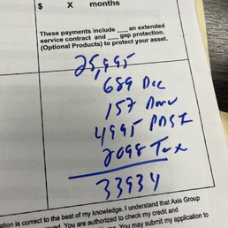 Base fees, docs, DMV, PDSI (low Jack) and tax. Imagine a 5k markup for something you can buy online for less than 1500.