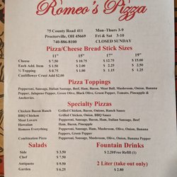Romeo's Pizza - Menu side 1