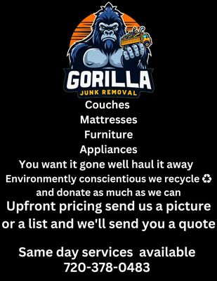 Junk removal - Making responsible disposal affordable and convenient for everyone. Contact us now 720-378-0483 call or text upfront pricing send me a list or pictures and I'll send you a quote!