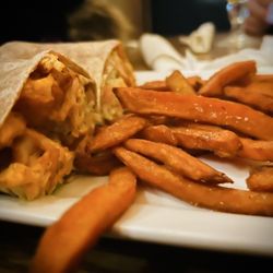 Chicken Buffalo Wrap with sweet potatoes fries
