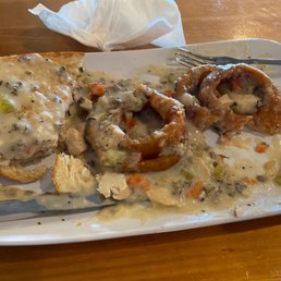 Turkey on sourdough and onion rings smothered in wild rice soup Turkey on sourdough and onion rings smothered in wild rice soup