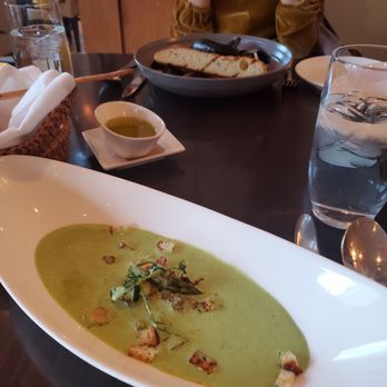 Bistro du Midi - Spring Garlic Soup, marcona almonds, prosciutto, asparagus - French Near Me - Boston, Massachusetts Bistro du Midi - Spring Garlic Soup, marcona almonds, prosciutto, asparagus - French Near Me - Boston, Massachusetts