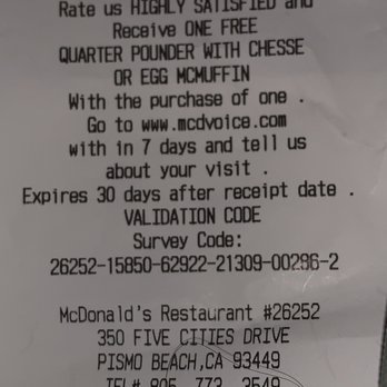 McDonald's - Offer to buy high ratings printed right at the top of the receipt. - Fast Food Near Me - Pismo Beach, California McDonald's - Offer to buy high ratings printed right at the top of the receipt. - Fast Food Near Me - Pismo Beach, California