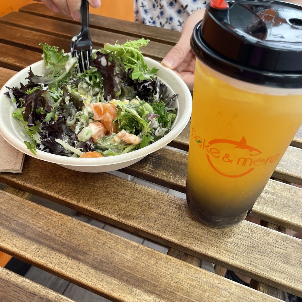 Salmon Pokè Salad, peach boba Salmon Pokè Salad, peach boba