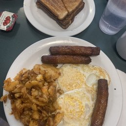 Eggs, potatoes, sausage, toast Eggs, potatoes, sausage, toast