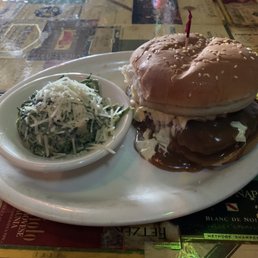 Chicken fried steak burger with creamed spinach