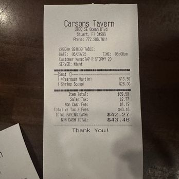 Carsons Tavern - Dinner for one - American Near Me - Stuart, Florida