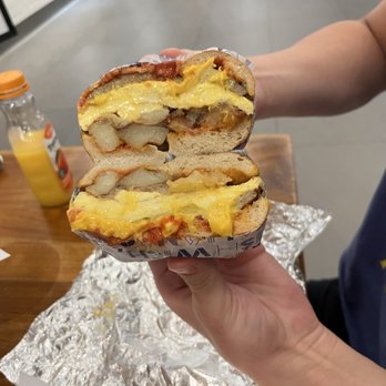 Lenwich - Egg, Sausage & Cheese with potatoes on an everything bagel - Sandwiches Near Me - New York, New York Lenwich - Egg, Sausage & Cheese with potatoes on an everything bagel - Sandwiches Near Me - New York, New York