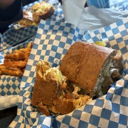 The grilled chicken hot sandwich, large is enough for two people easily and beer-battered fries