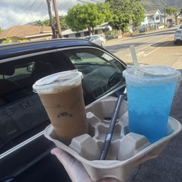 Bad ass pumpkin iced latte, blue raspberry Lotus energy drink no piña colada