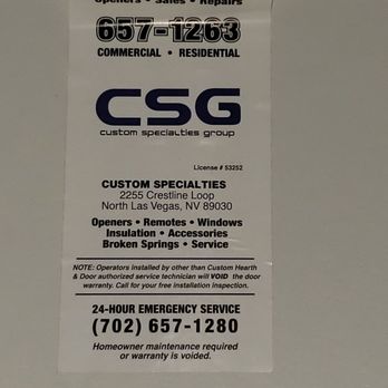 Custom Specialties Group - Company sticker for garage door - Garage Door Services Near Me - Las Vegas, Nevada Custom Specialties Group - Company sticker for garage door - Garage Door Services Near Me - Las Vegas, Nevada