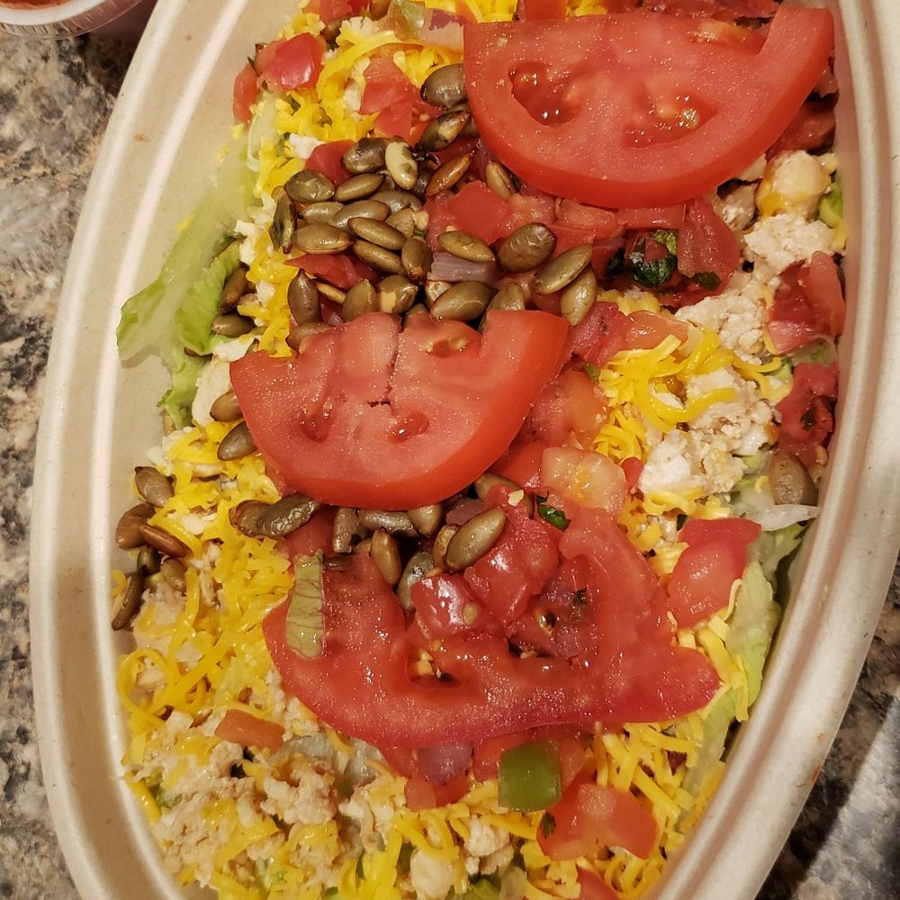 Taco Time - Chicken Taco Salad with medium salsa dressing and pepitas. - Mexican Near Me - Bremerton, Washington Taco Time - Chicken Taco Salad with medium salsa dressing and pepitas. - Mexican Near Me - Bremerton, Washington