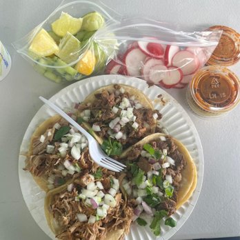 Vera's Tacos - Carnitas & Carne Asada tacos with all the fixings #radish #lemons #limes #cucumbers #salsa - Food Trucks Near Me - Long Beach, California