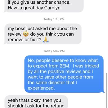 2EM Nail Place - Linh accessed my phone number through 2EMs system to send rude texts after I declined to remove my review.  Very unprofessional business. - Nail Salons Near Me - Irvine, California