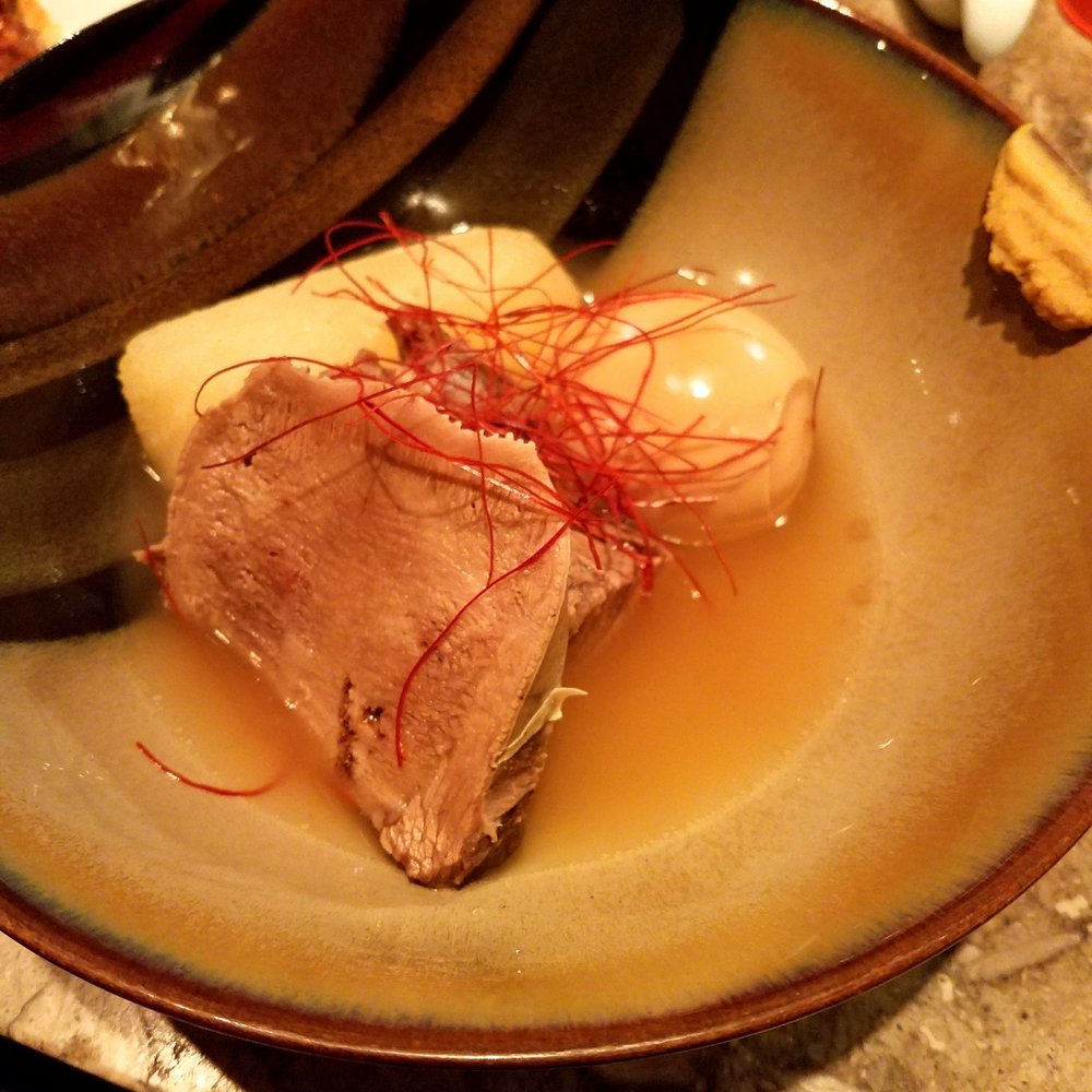 Kamonegi - Beef tongue oden with daikon and soft boil egg - Japanese Near Me - Seattle, Washington Kamonegi - Beef tongue oden with daikon and soft boil egg - Japanese Near Me - Seattle, Washington