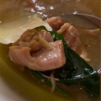 CARiN de RiA - Chicken Tinola with the sayote, spinach and chicken and ginger bits! And black pepper corns at the bottom of the broth. - Filipino Near Me - Encinitas, California