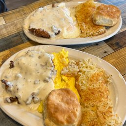 Two Eggs with Country Fried Chicken Breast. Comes with hash brown and biscuit. Two Eggs with Country Fried Chicken Breast. Comes with hash brown and biscuit.