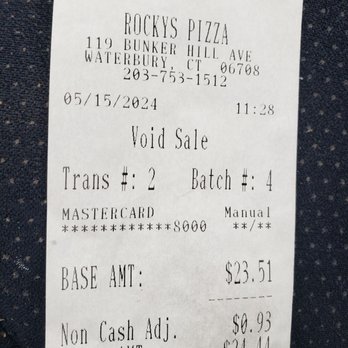 Rocky's Pizza - 5.15.24 They got my order wrong, but were kind enough to void the entire amount. - Pizza Near Me - Waterbury, Connecticut Rocky's Pizza - 5.15.24 They got my order wrong, but were kind enough to void the entire amount. - Pizza Near Me - Waterbury, Connecticut