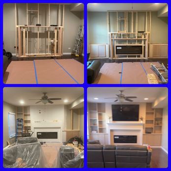 Speedy Gonzalez - Family room before and after. Fireplace, mantle, shelves and cabinet. Also mounted the television and painted. - General Contractors Near Me