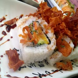 Fujiyama - The delightfully delicious tempura vegetable roll with sweet potato crisps on top.