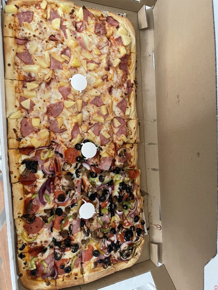 Mega pizza half Hawaiian and half supreme (36 slices) Yelp