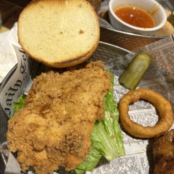FARM - Huge chicken sandwich w onion rings. (We also got wings n thighs w pineapple n Buffalo sauces) - Cafes Near Me - North Las Vegas, Nevada FARM - Huge chicken sandwich w onion rings. (We also got wings n thighs w pineapple n Buffalo sauces) - Cafes Near Me - North Las Vegas, Nevada