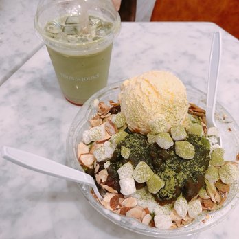 Tous Les Jours - iced strawberry matcha latte & matcha shaved ice with almonds, red beans, vanilla ice cream & mochi. - Bakeries Near Me - Natick, Massachusetts