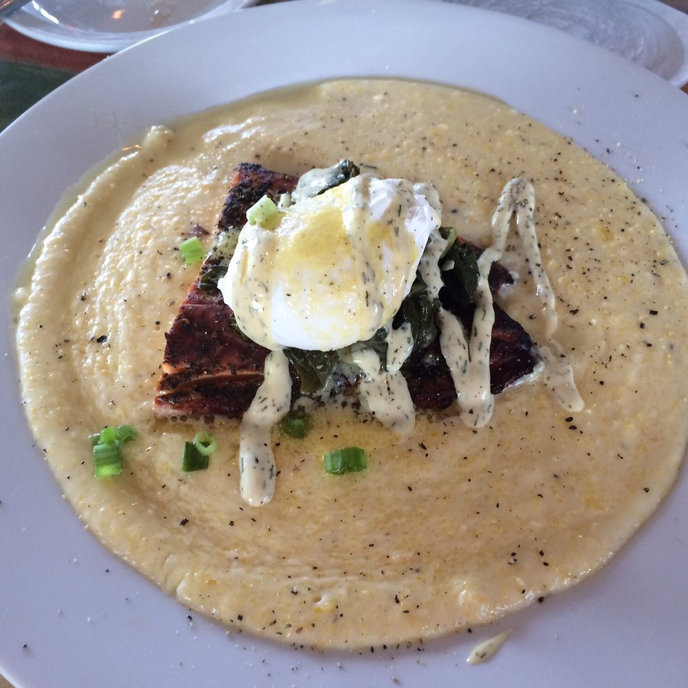 Sunset Grille - Smoked salmon on grits with poached egg - New American Near Me - Hilton Head Island, South Carolina Sunset Grille - Smoked salmon on grits with poached egg - New American Near Me - Hilton Head Island, South Carolina