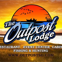 The Outpost Lodge - This is a view of Lake Oahe with The Outpost Lodge logo.