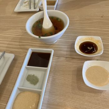 Gyu Jinya - Assorted sauces and udon soup - Sushi Bars Near Me - Lancaster, California Gyu Jinya - Assorted sauces and udon soup - Sushi Bars Near Me - Lancaster, California