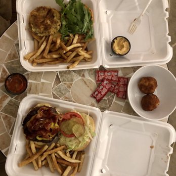 Black Mtn Burger - Crabby Sammie sandwich (top) and Triple Trouble Burger (bottom) - Burgers Near Me - Lincoln, New Hampshire Black Mtn Burger - Crabby Sammie sandwich (top) and Triple Trouble Burger (bottom) - Burgers Near Me - Lincoln, New Hampshire