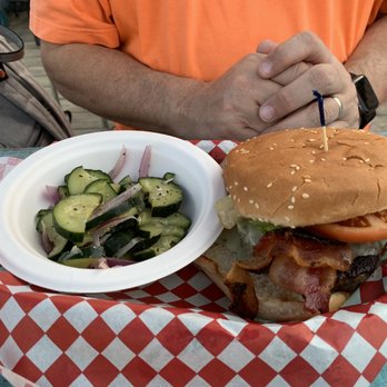 Shambles Island Bar and Grill - Bacon Blue Cheese Burger with cucumber salad - Bars Near Me - St John, Virgin Islands