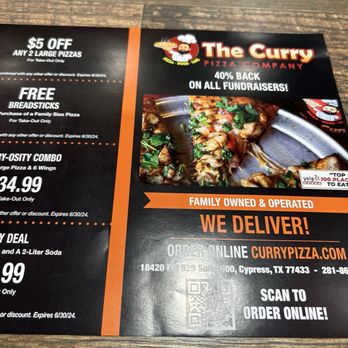 The Curry Pizza Company - To go menu but not up to date because the coupons on the back are from 2024 - Pizza Near Me - Cypress, Texas The Curry Pizza Company - To go menu but not up to date because the coupons on the back are from 2024 - Pizza Near Me - Cypress, Texas