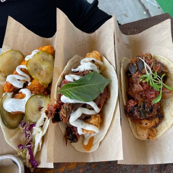 Velvet Taco - (L-R) Hot tofu, fried paneer, shrimp & grits - Tacos Near Me - Houston, Texas Velvet Taco - (L-R) Hot tofu, fried paneer, shrimp & grits - Tacos Near Me - Houston, Texas