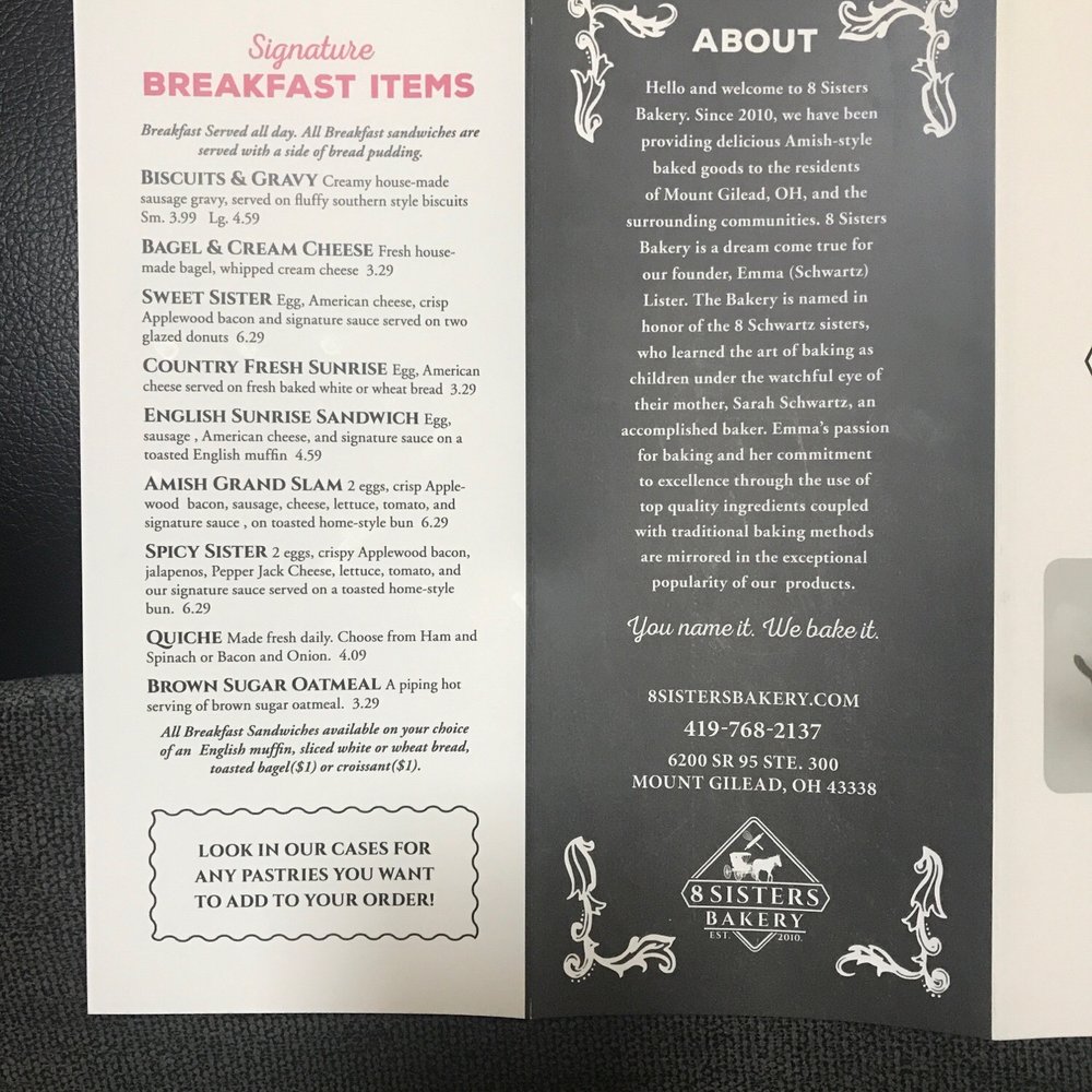 8 Sisters Bakery - Sept 2019 menu - Bakeries Near Me - Mount Gilead, Ohio 8 Sisters Bakery - Sept 2019 menu - Bakeries Near Me - Mount Gilead, Ohio