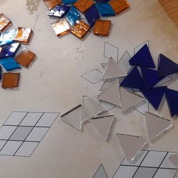 Mosaic Art Studio - Laying out some ideas on the paper templates. The trays worked well to keep the pieces contained. - Art Classes Near Me - Kirkland, Washington