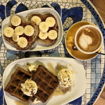 De Fer Coffee - 20180909 - toast, Coffee and Cream Waffle Breakfast and flat white with almond milk! - Coffee & Tea Near Me - Pittsburgh, Pennsylvania De Fer Coffee - 20180909 - toast, Coffee and Cream Waffle Breakfast and flat white with almond milk! - Coffee & Tea Near Me - Pittsburgh, Pennsylvania