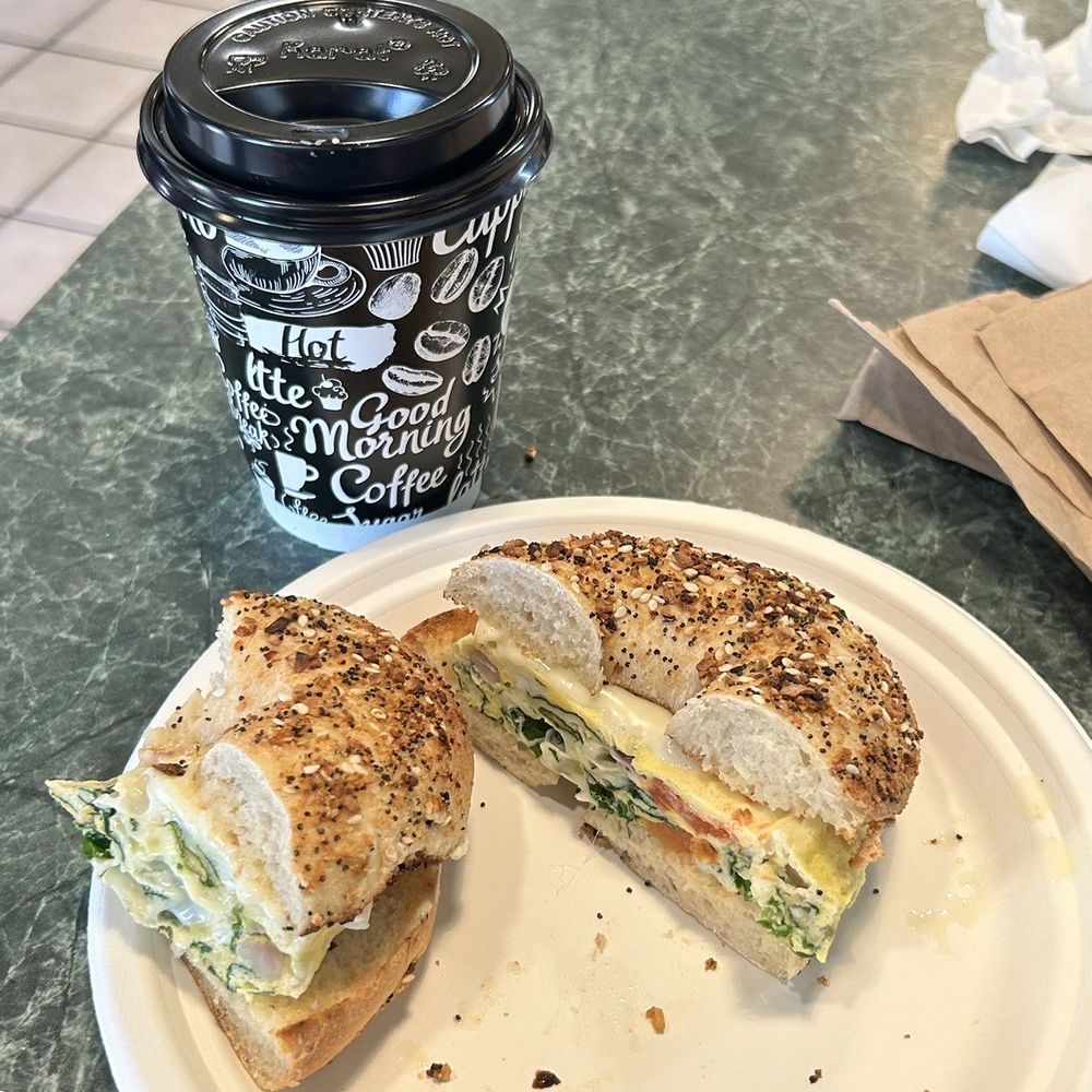Iris Bagel and Coffee House - Vanilla latte and Popeye scrambler - Bagels Near Me - Arlington, Texas