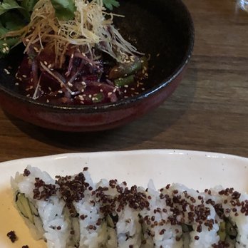 Indio Kitchen - Vegetarian ceviche and custom avocado cucumber roll. Rather small compared to American sushi, but that's to be expected - Japanese Near Me - Stockholm, Alberta