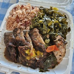 Culture Carribean Cuisine - Jerk Chicken, with Rice & Beans and Collard Greens.