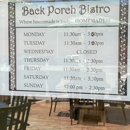 Exterior outside entrance of Back Porch Bistro - Their hours - Ellijay, Georgia Exterior outside entrance of Back Porch Bistro - Their hours - Ellijay, Georgia