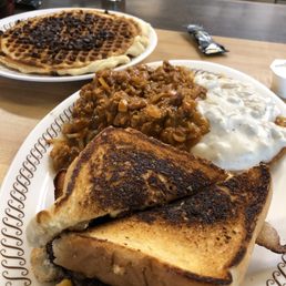Breakfast patty melt, SMOTHERED hash browns & a chocolate waffle Breakfast patty melt, SMOTHERED hash browns & a chocolate waffle