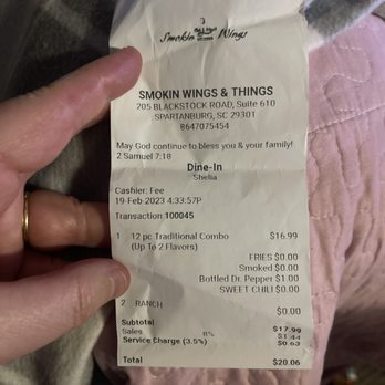Smokin Wings - Receipt of being over charged. I mean how you gonna quote scripture and rip people off and treat them poorly... - Chicken Wings Near Me - Spartanburg, South Carolina Smokin Wings - Receipt of being over charged. I mean how you gonna quote scripture and rip people off and treat them poorly... - Chicken Wings Near Me - Spartanburg, South Carolina