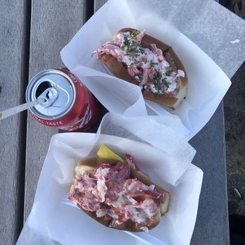 Bite Into Maine - Connecticut lobster roll at the bottom and Maine lobster roll on top - Seafood Near Me - Cape Elizabeth, Maine