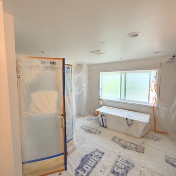 Fresh Start Renovations - Bathroom project in progress. Meticulous masking and surface protection before we begin our smooth drywall refinishing and painting. - Drywall Installation & Repair Near Me - San Jose, California Fresh Start Renovations - Bathroom project in progress. Meticulous masking and surface protection before we begin our smooth drywall refinishing and painting. - Drywall Installation & Repair Near Me - San Jose, California