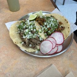 River Bear Tacos - Pastor and Asada on homemade tortillas.