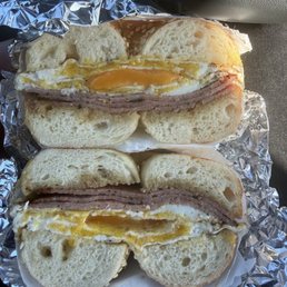 Taylor Ham egg and cheese on a sesame bagel