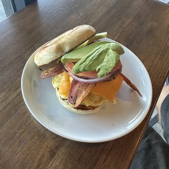 Toasted - Hubs got the breakfast sandwich with bacon and sausage. He loved it. - Coffee & Tea Near Me - Riverside, California