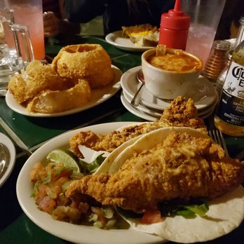 Grins Restaurant - Fish tacos onion rings tortilla soup - American Near Me - San Marcos, Texas